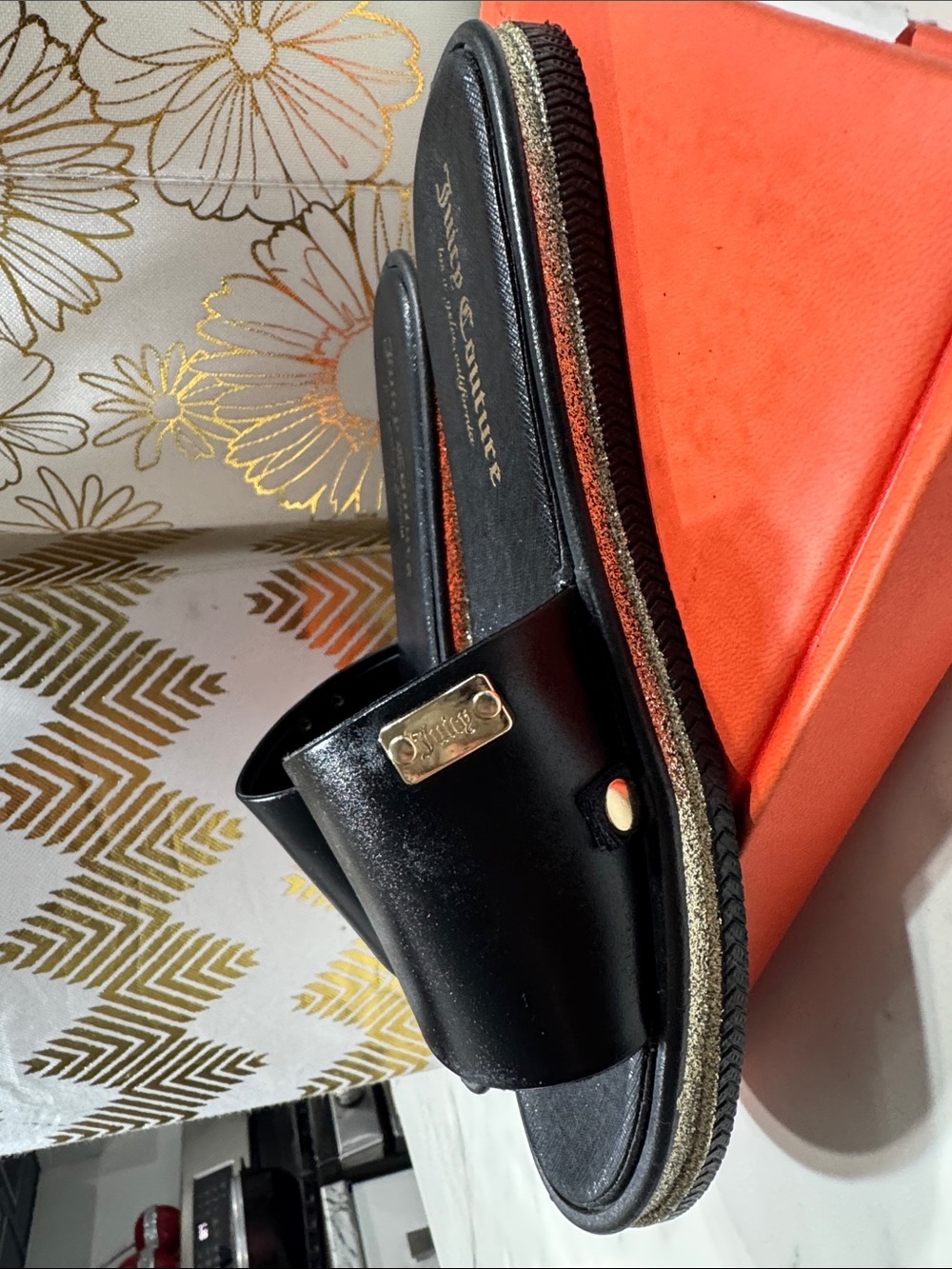 Juicy Couture Black Slide Sandals with Gold Logo Trim